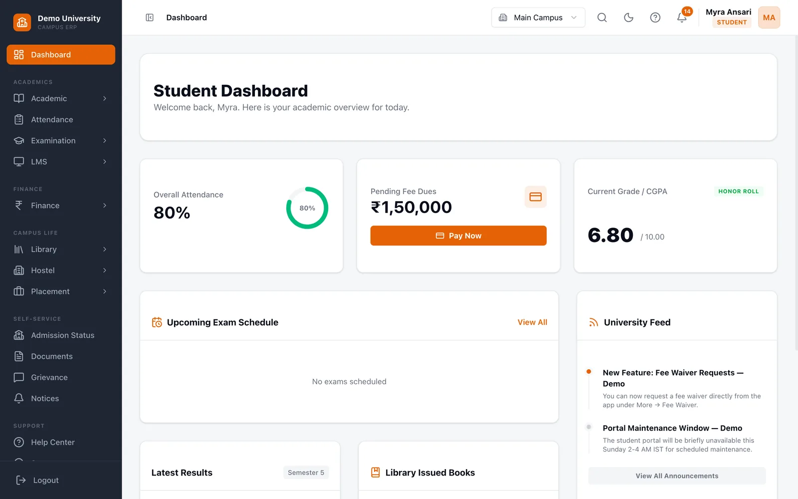 Student dashboard with attendance, pending fee dues and CGPA